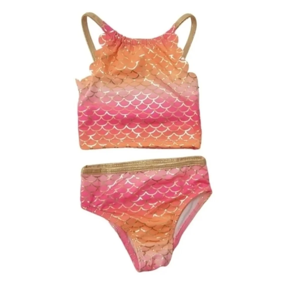 Mermaid Scallop Pink Orange & Metallic Gold Girls 2 Piece Bikini‎ Swimwear. NWT